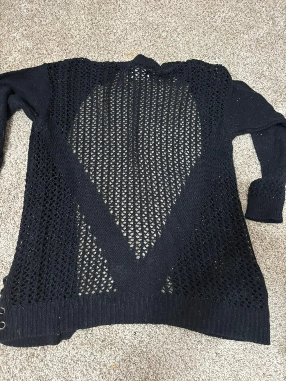 Justice Girls Open Front Cardigan Sweater Size 8 Black Crochet Lace Up Detail